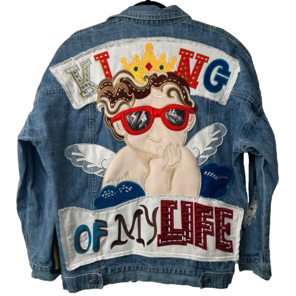 King Of My Life Fall Denim Jacket By Sour Fruit sz L Retro Y2K Distressed Street - Picture 1 of 9